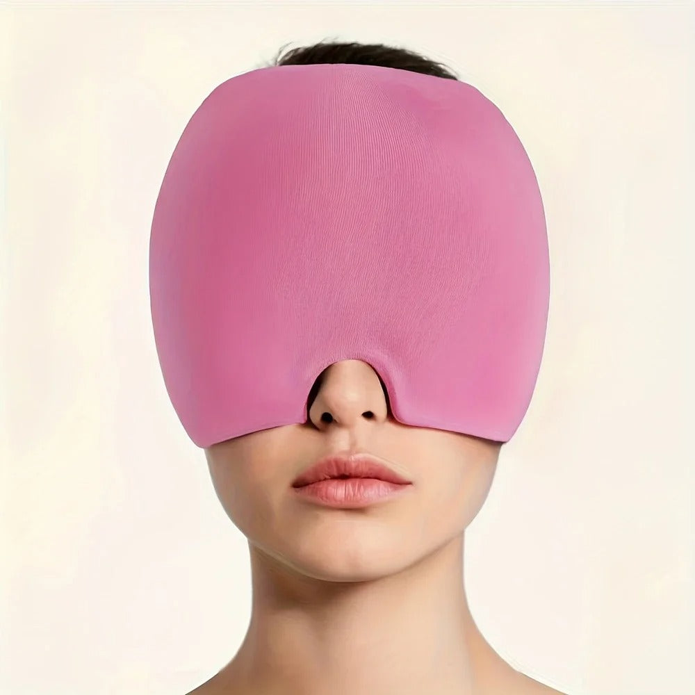 Pink headache, stress, pain relief mask covering eyes on a plain background