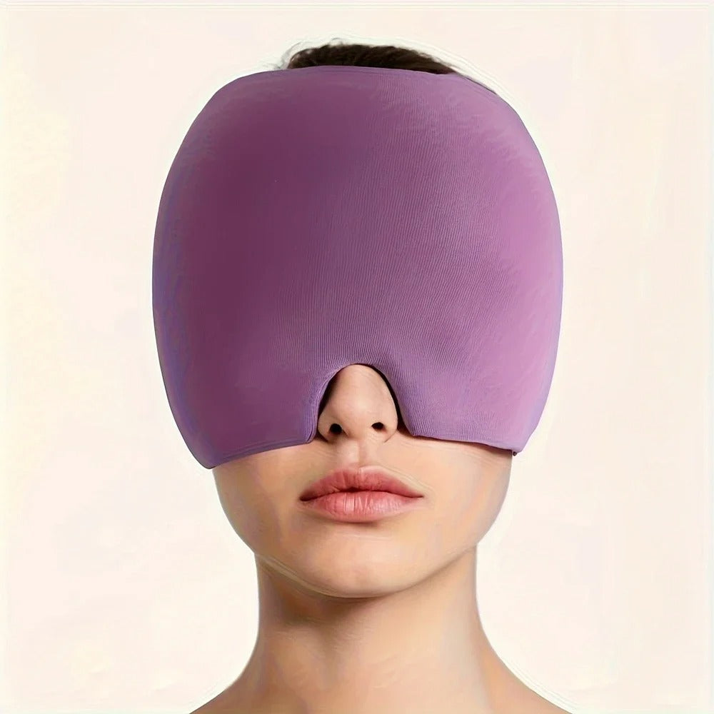 Pink headache, stress, pain relief mask covering eyes on a plain background